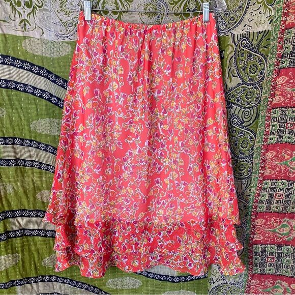 Vintage Y2K Notations Pink/ Red Floral Tiered Midi Skirt Size Large - Picture 1 of 11